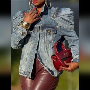 Stylish Denim Jacket with Red Leather Bag